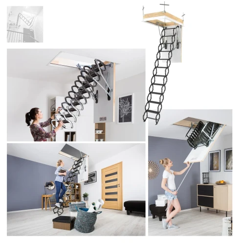 Zum Produkt FAKRO Scherentreppe Metall LST, U = 1,1 W/m2K, Längenverstellbare Leiter zur Anpassung an die Raumhöhe, Umlaufende Abdichtung, Rutschfeste Stufen *