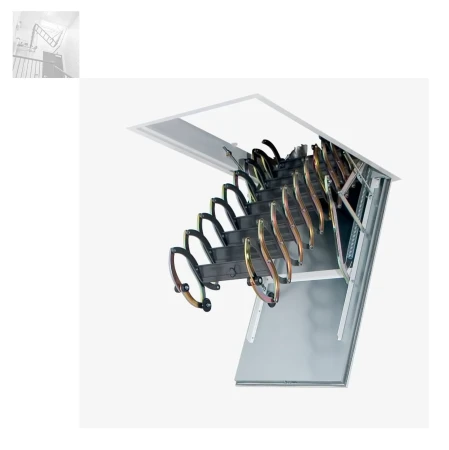 FAKRO Scherentreppe Metall LSF U = 1,8 Wm2K, Längenverstellbare Leiter zur Anpassung an die Raumhöhe, Feuerbeständige Luke _3_e-roofline.de.webp