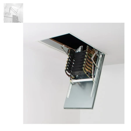 FAKRO Scherentreppe Metall LSF U = 1,8 Wm2K, Längenverstellbare Leiter zur Anpassung an die Raumhöhe, Feuerbeständige Luke _4_e-roofline.de.webp