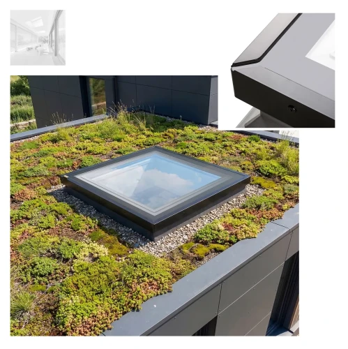 Zum Produkt FAKRO Flachdach-Fenster DEG P2 Z-Wave Flachdachfenster mit Schwarze Glassegmente des Glassegments, rglasungen Typ G, Uw: 0,92 W/m2K, Verbundglas, Flach-Glas, mit einer Neigung von 2° bis 15° oder 5° bis 15°