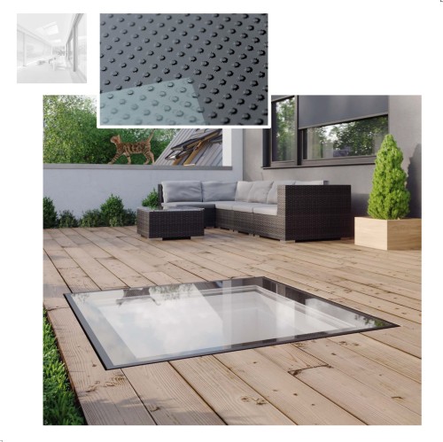 Zum Produkt FAKRO Flachdach-Fenster DXW Festelement "WALK ON", Typ F Uw: 0,7 W/m2K, Fenster mit 3-fach-Isolierverglasung, Flach-Glas P2A, Montage Dachneigung [min.–max.]: 0° – 15°, aus Mehrkammer-PVC-Profilen * 