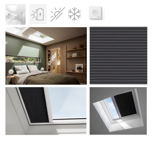 Zum Produkt  VELUX Solar-Wabenplissee FSK 1047WL, Farbe: Schwarc, Typ: Plissee, inkl. Funk-Wandschalter, für effektive Abdunkelung, Verdunkelung & Wärmedämmung, Schiene weiß, VELUX ACTIVE für automatischen Überhitzungsschutz, für Flachdach-Fenster CVP/CFP/CXP/CSP #