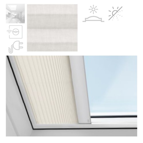 Zum Produkt  VELUX Elektro-Wabenplissee FMG 1016WL, Typ: Plissee, inkl. Funk-Wandschalter, Der Stoff des Plissees streut das Tageslicht, sodass es nicht blendet, Schiene weiß, VELUX ACTIVE für automatischen Überhitzungsschutz, für Flachdach-Fenster CVP/CFP #