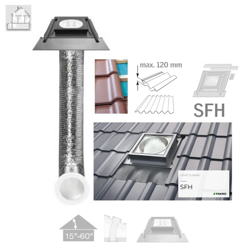 Zum Produkt FAKRO SFH 550 Tageslicht-Spot mit flexiblem Rohr 2,1m für geneigte Dächer, für Hochprofildächer (max. 120 mm), Flache Scheibe, Integriert Eindeckrahmen RAL 7022 #