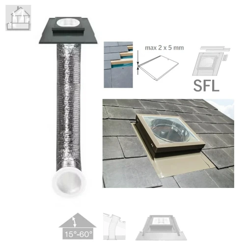Zum Produkt FAKRO SFL 550 Tageslicht-Spot mit flexiblem Rohr 2,1m für geneigte Dächer, für Flachziegeldächer (max. 2 x 5 mm), Flache Scheibe, Integriert Eindeckrahmen RAL 7022 #