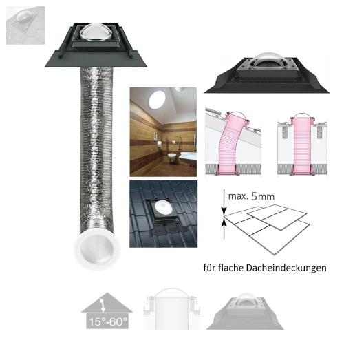 Zum Produkt FAKRO SFD-S 550 Tageslicht-Spot mit flexiblem Rohr 2,1m für geneigte Dächer, für Flache Dacheindeckungen (max. 2 x 5 mm), Kuppel aus Polycarbonat 3 mm dick, Integriert Eindeckrahmen RAL 7022 #
