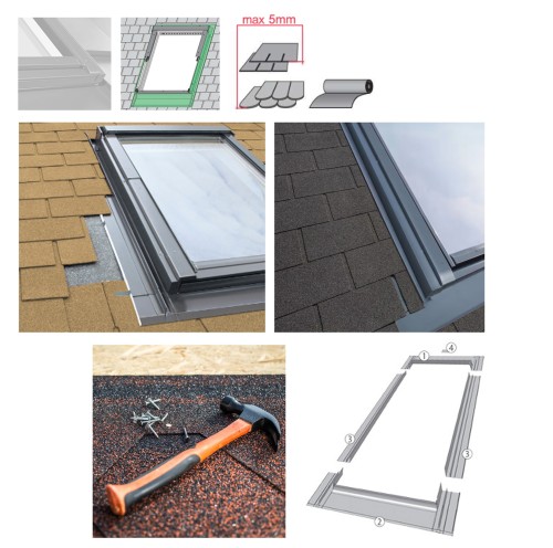 Zum Produkt FAKRO ESV _X00 Eindeckrahmen, Einzel-Eindeckrahmen, für flache, dünne Eindeckmaterialien, wie: Dachpappe, Bitumenschindeln, Schiefer der Stärke 10 mm (2 x 5 mm), für Dachfenster neue Linie, Greenview, RAL 7022 #_