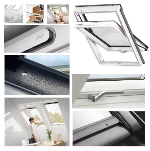 Zum Produkt VELUX Dachfenster GLU 0051B manuelles Schwingfenster, 2-fach, Uw=1,3*, Boden griff, Weiß, VELUX Kunststoff-Fenster, Polyurethan-/Holzkernkonstruktion, ThermoTechnology™, Kompatibel mit VELUX Zubehör #