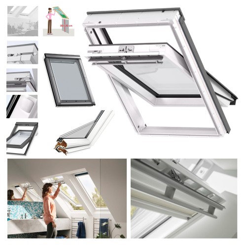 Zum Produkt VELUX Dachfenster GLU 0064 manuelles Schwingfenster, 3-fach, Uw=1,0, obere Öffnungssystem, Weiß, VELUX Kunststoff-Fenster, Polyurethan-/Holzkernkonstruktion, ThermoTechnology™, TPS-Thermoplastrahmens, Kompatibel mit VELUX Zubehör #