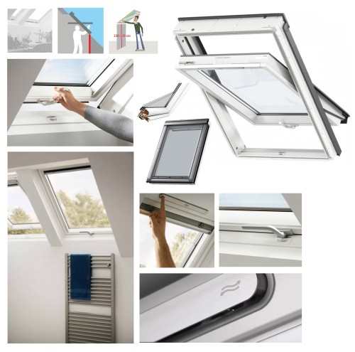 Zum Produkt VELUX Dachfenster GLU 0061B manuelles Schwingfenster, 3-fach, Uw=1,1, Boden griff, Weiß, VELUX Kunststoff-Fenster, Polyurethan-/Holzkernkonstruktion, ThermoTechnology™, Kompatibel mit VELUX Zubehör #.