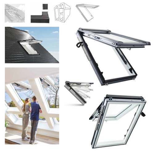 Zum Produkt ROTO Klapp-Schwingfenster R88C K Designo R8 Comfort PVC-Dachfenster aus Kunststoff, PVC-Multikammerprofil Weiß, VSG Einscheiben-Sicherheitsglas, Uw-Wert: 1,1 Manuelles, Oben griff, Anthrazit Metallic R703 #_