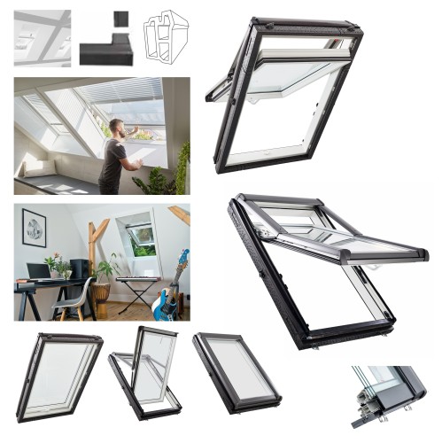 Zum Produkt Roto Designo R7 PVC das ¾ Hoch-Schwingfenster R79, 3fach-Dachfenster aus Kunststoff, Weiß PVC-Multikammerprofil, Uw-Wert: 1,1 Manuelles, Oben griff, Anthrazit Metallic R703 #_