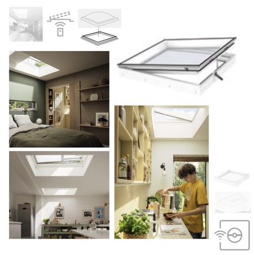 Zum Produkt VELUX Flachdach-Fenster, elektrisch (CVP), Basiselement,  2-fach-Verglasung CVP 0573 Automatisch zu öffnende Elektro-Version (CVP) inkl.  Regensensor und vorprogrammiertem Funk-Wandschalter #_
