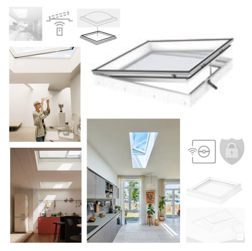 Zum Produkt VELUX Flachdach-Fenster 0673QV, elektrisch, Einbruchsicher, (CVP) 2-fach-Verglasung, Isolierglaseinheit mit innerem Verbundglas (P4A), Automatisch zu öffnende Elektro-Version inkl. Regensensor und vorprogrammiertem Funk-Wandschalter #_