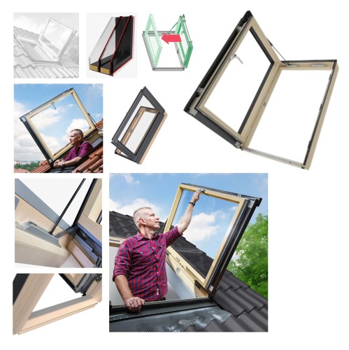 Zum Produkt FAKRO FWP U41 APMX Wohn-Ausstiegsfenster Holz mit Türfunktion, Uw=1,1 thermoPRO – Dreifachverglasung, 35 dB, Kiefernholz, mit klarer Acryllackierung, Öffnungsweise – nach rechts oder links, RAL 7016, Montage von 15°–55° #_