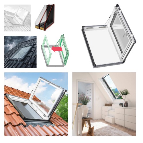 Zum Produkt FAKRO Wohn-Ausstiegsfenster PWP U41 ABMX aus Kunstoff mit Türfunktion, Greenview, Uw=1,1 thermoPRO – Dreifachverglasung, 35 dB, PVC-Profile, Verbundsicherheitsglas (VSG), Offnungsweise – nach rechts oder links, RAL 7016, Montage von 15°–55° #_