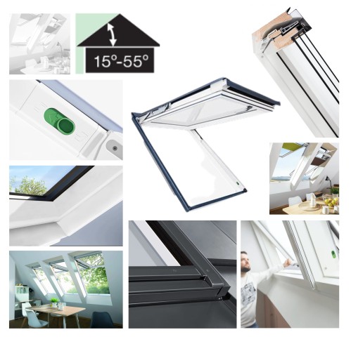 Zum Produkt FAKRO FPU-V MAX P50 AUMX, manuelles Klapp-Schwingfenster aus  Kiefernholz, überzogen mit weißem Polyurethanlack, mit 3-fach-Verglasung Uw=0,9 Öffnung des Flügels bis zu 45° (15-55°) Dreifachverglasung, Rw = 40dB Neue Linie Greenview, RAL 7016 #_