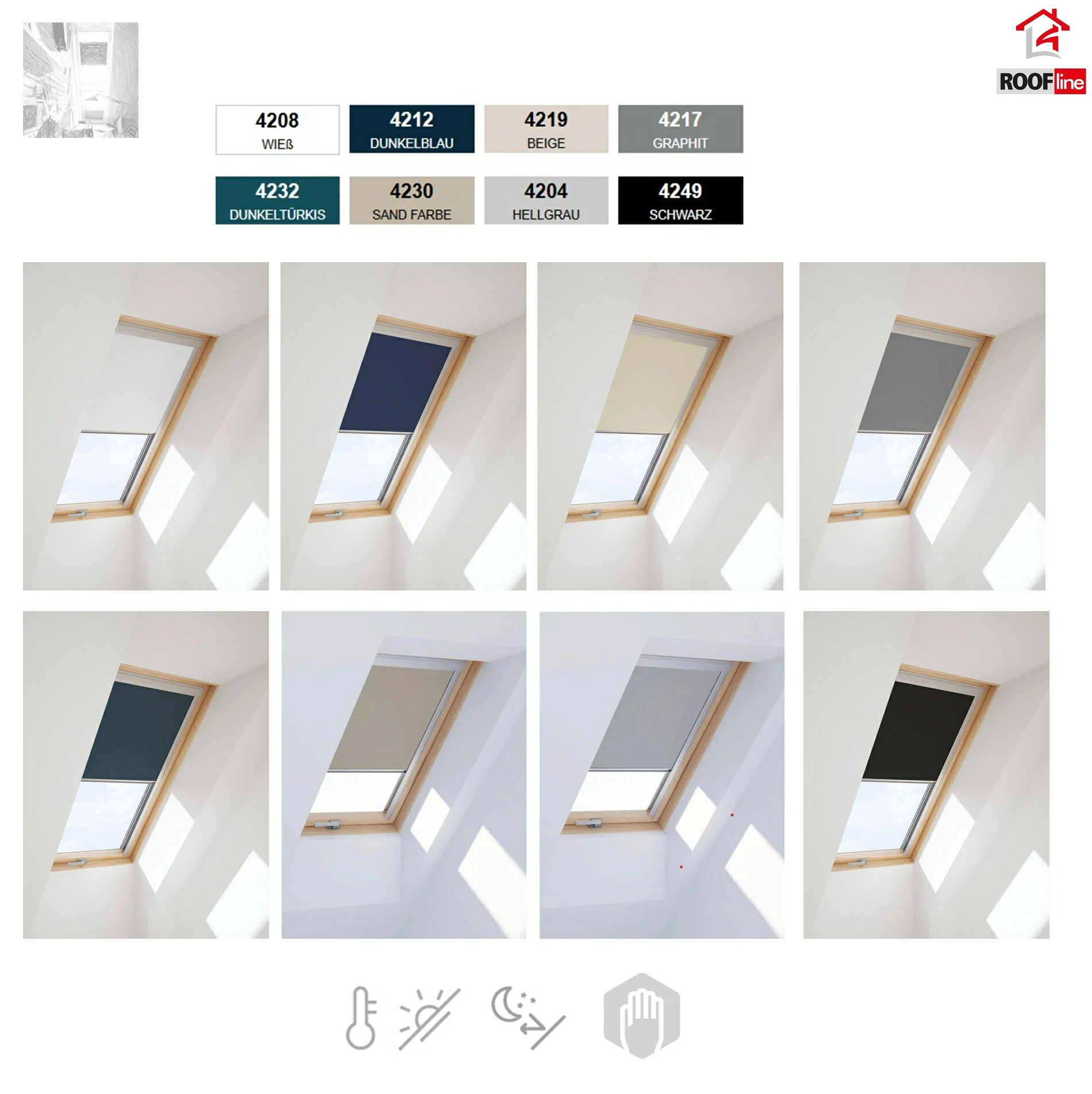 Verdunkelungsrollo DUA Dakea, RoofLITE+ Innen dekorativen Stoff DUA-Rollos, und auch mit dem Großteil der gängigen VELUX, FAKRO, OPTILIGHT und Keylite -Modelle kompatibel 3_ e-roofl .webp