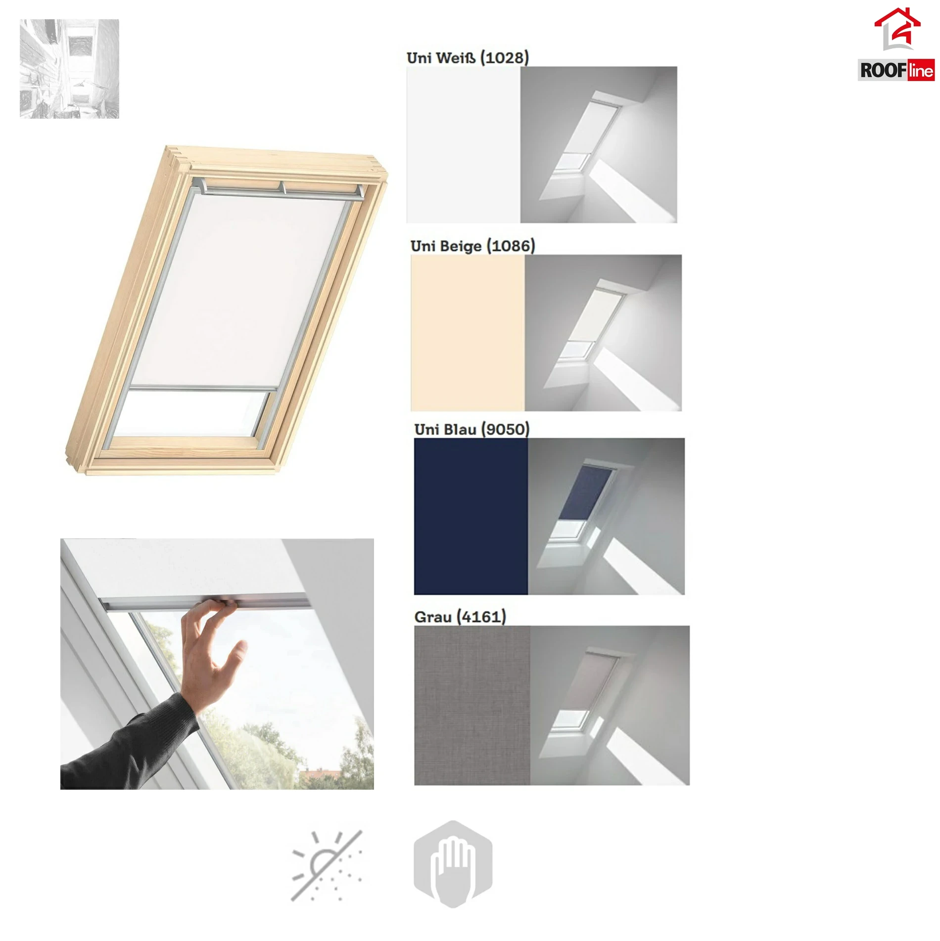 VELUX Sichtschutz-Rollos RFL Farbe 1028 Weiß, 4161 Grau,  9050, Dunkelblau 1086 Hellbeige, Innenrollos, Sichtschutz Lichtregulierung Dekorativen Stoff, Führungsschienen in Aluminium oder Weiß_1_ e-roofline.de.webp