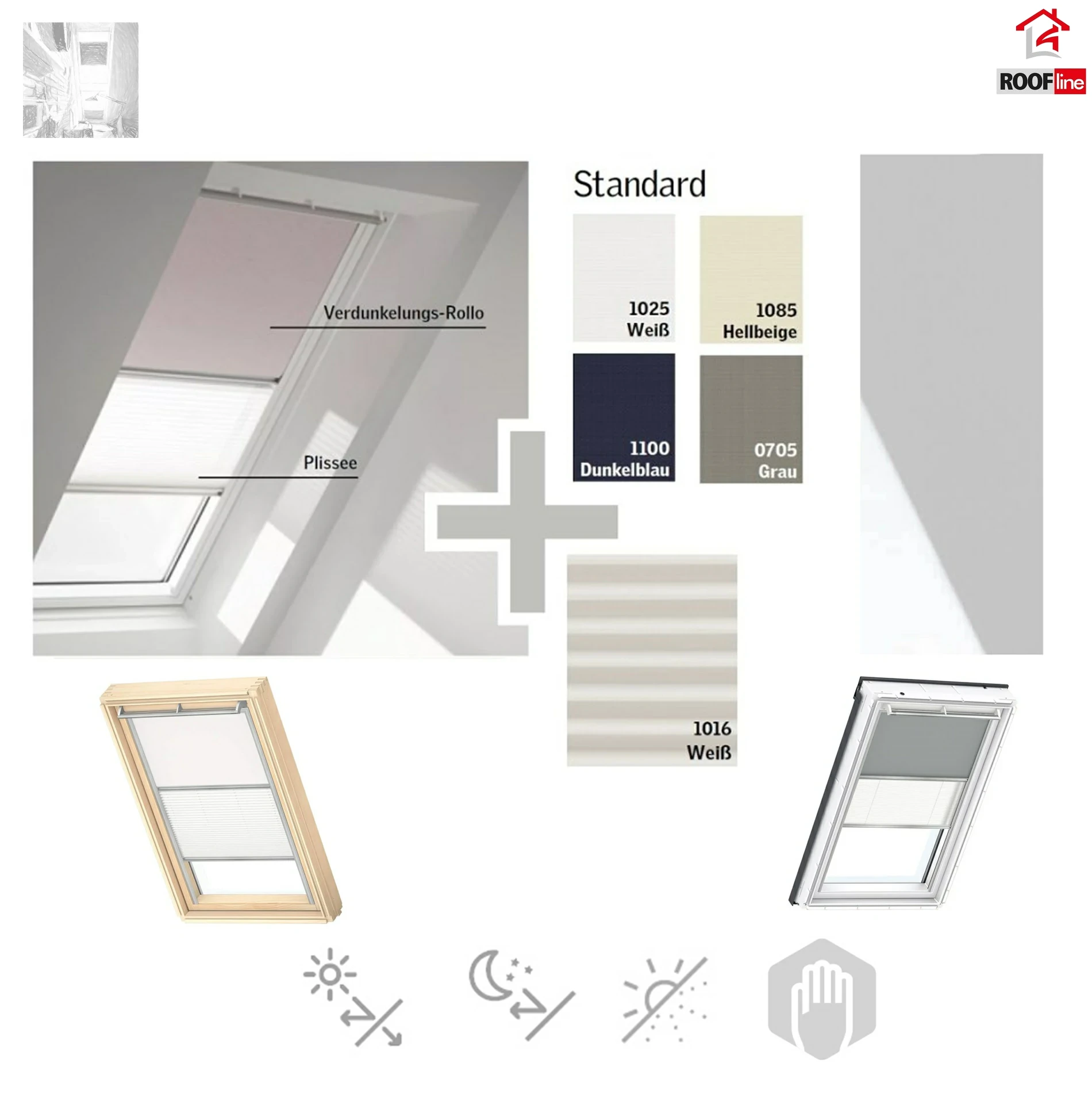 Velux Verdunkelung Plus DFD Verdunkelungsrollo + Plissee CK02–UK10 Ab 2013 Standard Farbe (1025, 1085, 1100, 0705) 1016, Verdunkelung Lichtregulierung Dekorativen Stoff_ e-roofline.de.jpg_1_ e-roofline.de.webp