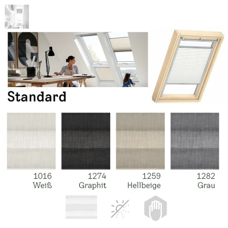 Velux Plissees FHL Flexibler Licht- und Sichtschutz, Standard Farbe 1016, 1274, 1259, 1282, Sichtschutz - Lichtregulierung Dekorativen Stoff, Innenrollos, Fuhrungsschienen in Aluminium oder Weiß _1_ e-roofline.de.webp
