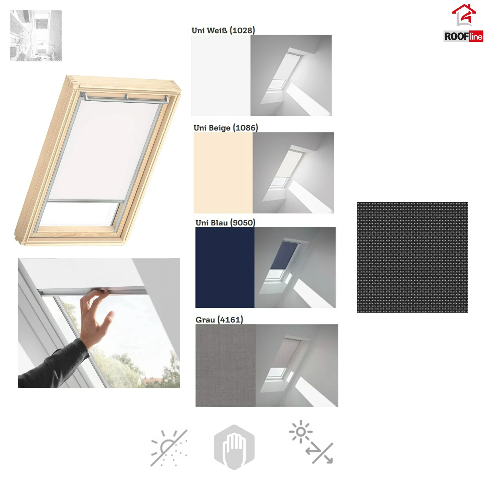 VELUX Vorteils-Sets Hitzeschutz Plus ROF  RFL+MHL CK02–UK10  Ab 2013, Hitzeschutz-Markise + Sichtschutz-Rollo (RFL 1028, 1086, 9050, 4161 +MHL 5060) Fuhrungsschienen in Aluminium_1 _ e-roofline.de.webp
