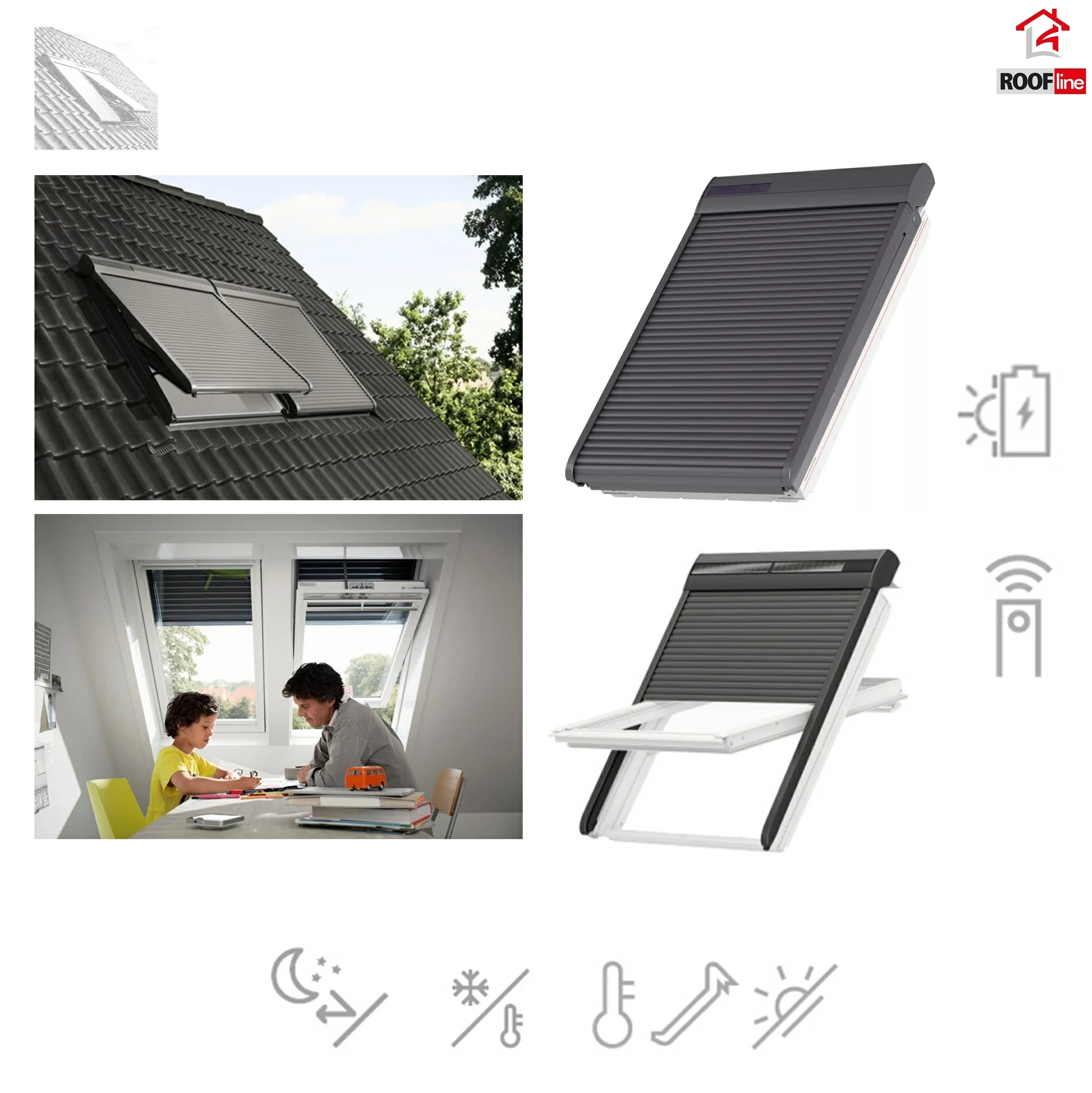 Velux Dachfenster - Solar Rollläden SSL 0000S Solar Außenrollladen Aluminium-Rolllade, Sonnenschutz, idealen Hitzeschutz Rollo, Dunkelgraues Aluminium, inkl. Funk-Wandschalter_2_ e-roofline.de.webp