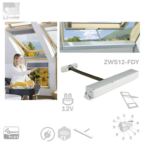 Zum Produkt Fakro ZWS12 FDY Kettenantrieb, Z-Wave, Spezieller Z-Wave Kettenantrieb für das FAKRO FDY/FDY-V , 12-V-DC-Impulsnetzteil, für das FAKRO-Dachfenster *