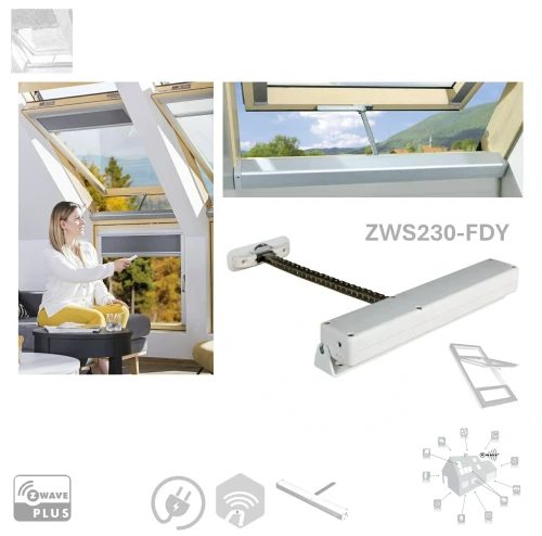 Zum Produkt Fakro ZWS230 FDY Kettenantrieb, Z-Wave, Spezieller Z-Wave Kettenantrieb für das FAKRO FDY/FDY-V , 230-V-DC-Impulsnetzteil, für das FAKRO-Dachfenster *
