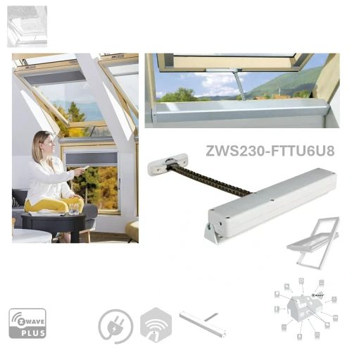 Zum Produkt Fakro ZWS230 FTT U6U8 Kettenantrieb, Z-Wave, Spezieller Z-Wave Kettenantrieb für das FAKRO FTT U6U8, 230-V-DC-Impulsnetzteil, für das FAKRO-Dachfenster *