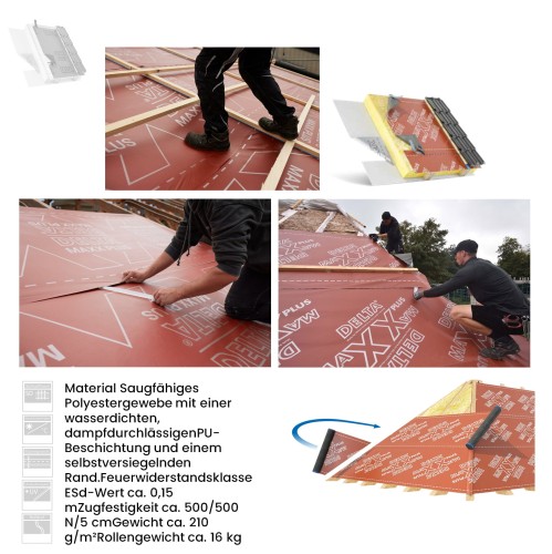 Zum Produkt DÖRKEN DELTA®-MAXX PLUS 50 m x 1,50 m, ca. 190 g/m² Langlebige und durchsturzsichere Unterdeck- und Unterspannbahn mit patentierten Selbstkleberändern, Sd-Wert ca. 0,17 m *