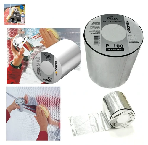 Zum Produkt DÖRKEN DELTA®-POLY BAND 100mm x 100m / Sammelverpackung 12 Stück /, Einseitiges Klebeband . Beständig gegen Alterung. Für die luftdichte Verklebung von Folienüberlappungen, insbesondere der DELTA Reflex Dampfsperre *