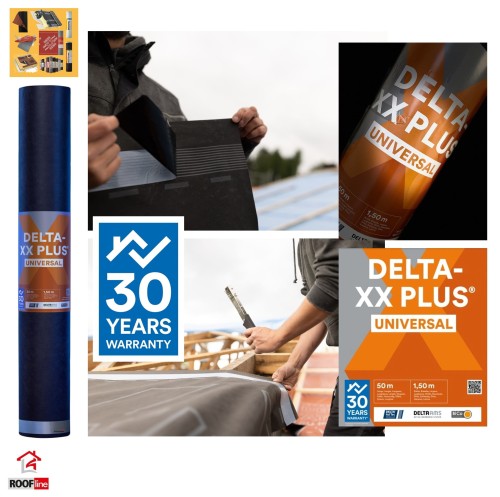 Zum Produkt DÖRKEN DELTA-XX PLUS® UNIVERSAL 150 g/m² Diffusionsoffene Unterdeck- und Unterspannbahn 50x1,50 m, Mit integrierten Selbstkleberändern, Reißkraft ca. 340/270, W1, Sd-Wert ca. 0,08m, bis +100°C *