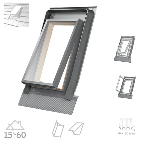 Dakea Wohndachausstieg KFB FLEX 45x55 cm 45x73 cm Dachausstiegsfenster aus Kiefernholz hergestellt, Doppelverglasung, Integrierte Einndeckrahmen _ e-roofline.de (1).webp
