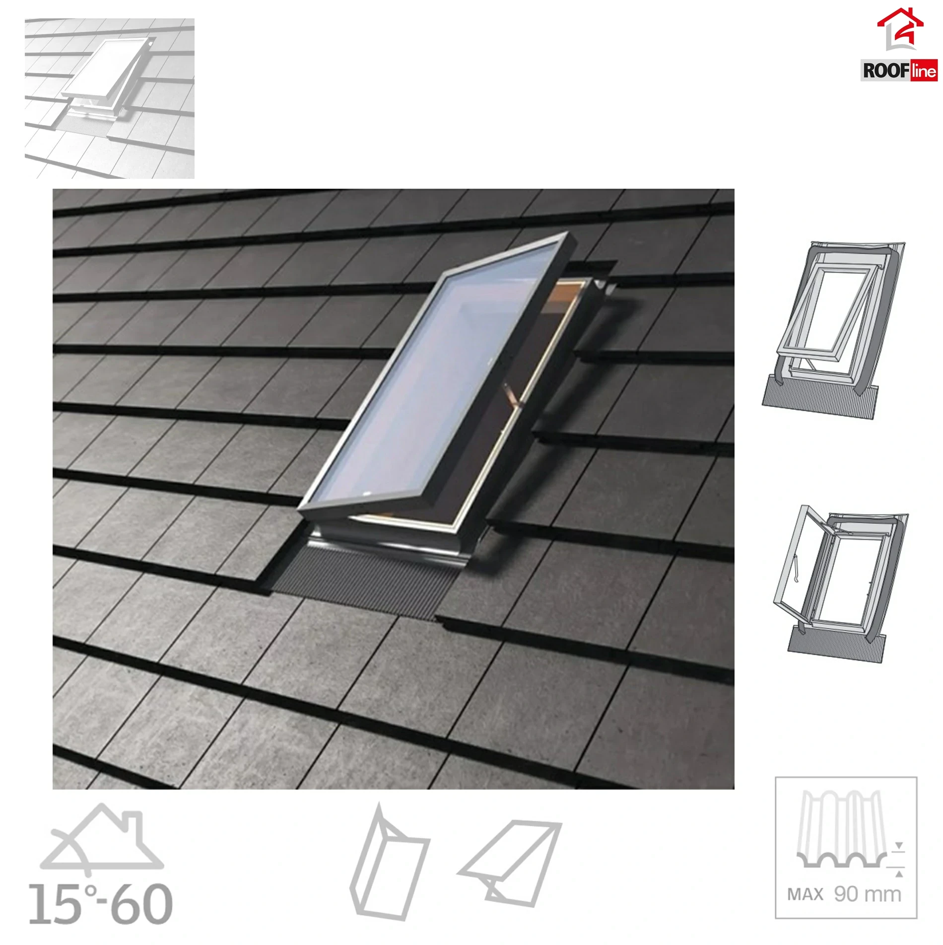 Dakea Wohndachausstieg KFB FLEX 45x55 cm 45x73 cm Dachausstiegsfenster aus Kiefernholz hergestellt, Doppelverglasung, Integrierte Einndeckrahmen _ e-roofline.de (3).webp