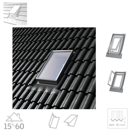 Dakea Wohndachausstieg KFB FLEX 45x55 cm 45x73 cm Dachausstiegsfenster aus Kiefernholz hergestellt, Doppelverglasung, Integrierte Einndeckrahmen _ e-roofline.de (4).webp