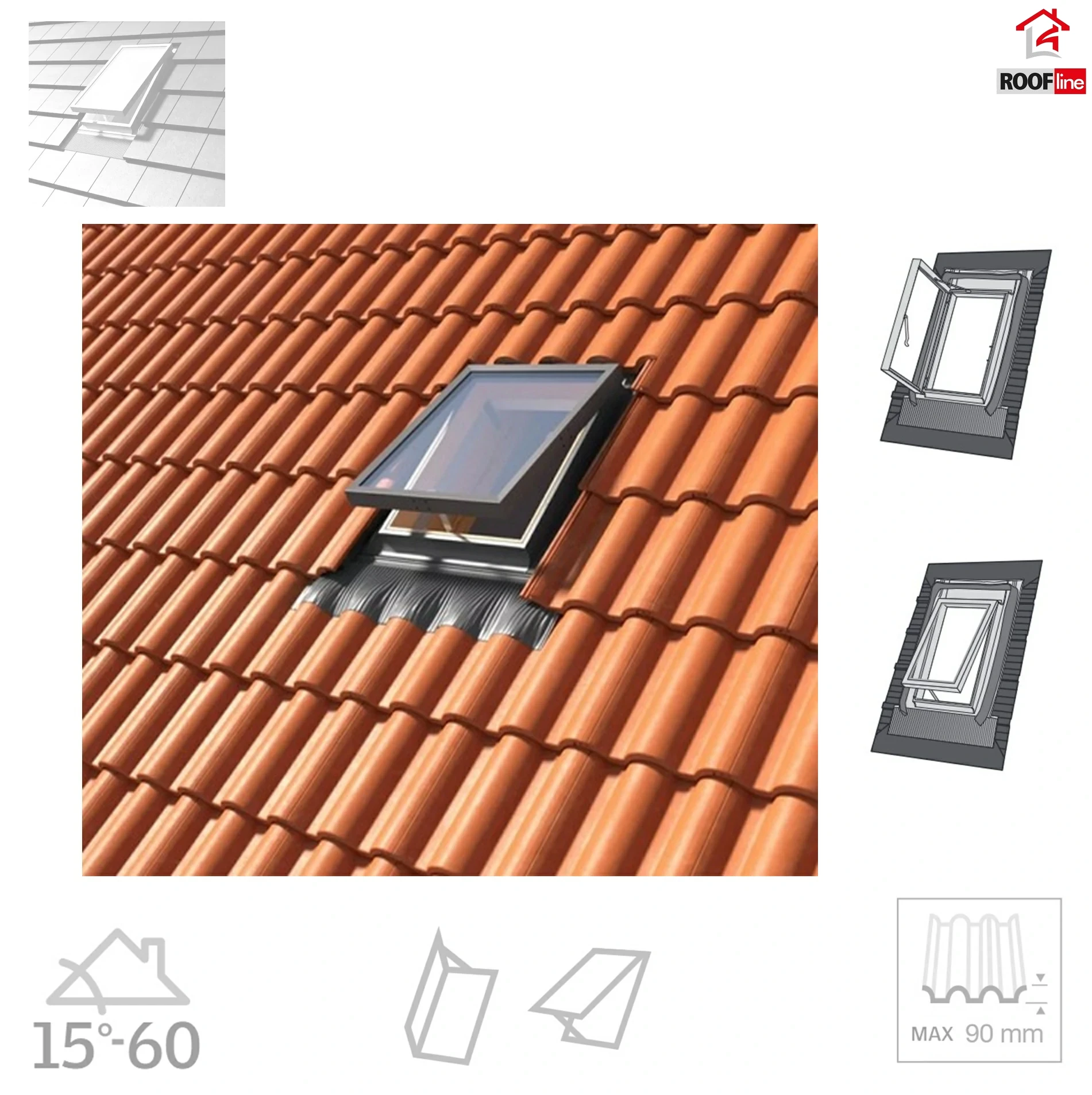 Dakea Wohndachausstieg KFB FLEX+ 45x55 cm 45x73 cm Dachausstiegsfenster aus Kiefernholz hergestellt, Doppelverglasung, Integrierte Einndeckrahmen, incl. Dampfsperrfolie 1_ e-roofline.de.webp