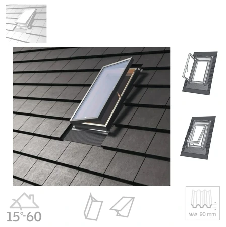 Dakea Wohndachausstieg KFB FLEX+ 45x55 cm 45x73 cm Dachausstiegsfenster aus Kiefernholz hergestellt, Doppelverglasung, Integrierte Einndeckrahmen, incl. Dampfsperrfolie 2_ e-roofline.de.webp