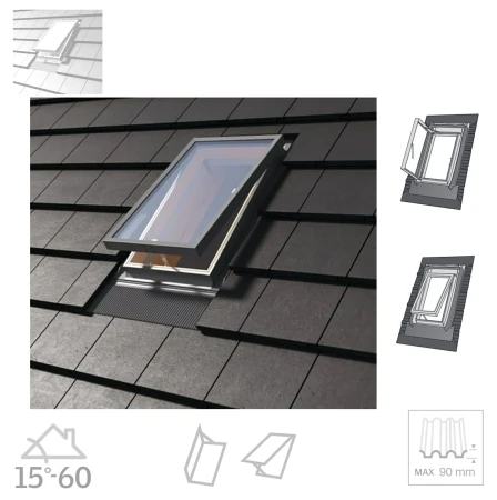 Dakea Wohndachausstieg KFB FLEX+ 45x55 cm 45x73 cm Dachausstiegsfenster aus Kiefernholz hergestellt, Doppelverglasung, Integrierte Einndeckrahmen, incl. Dampfsperrfolie 3_ e-roofline.de.webp