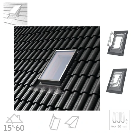 Dakea Wohndachausstieg KFB FLEX+ 45x55 cm 45x73 cm Dachausstiegsfenster aus Kiefernholz hergestellt, Doppelverglasung, Integrierte Einndeckrahmen, incl. Dampfsperrfolie 4_ e-roofline.de.webp