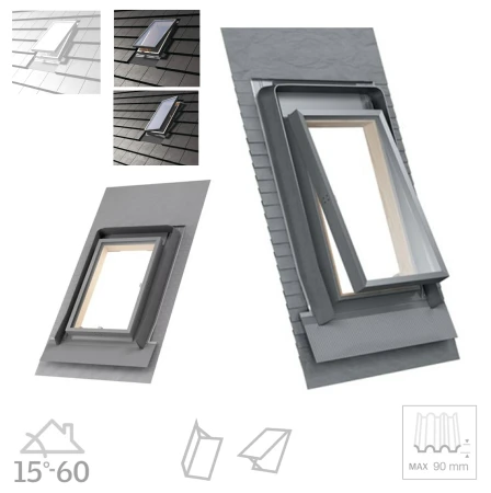 Dakea Wohndachausstieg KFB FLEX+ 45x55 cm 45x73 cm Dachausstiegsfenster aus Kiefernholz hergestellt, Doppelverglasung, Integrierte Einndeckrahmen, incl. Dampfsperrfolie _ e-roofline.de.webp