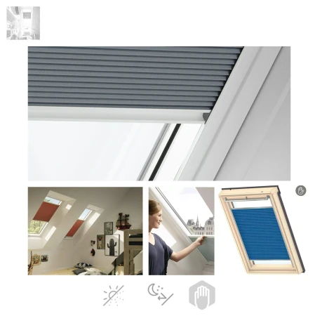 Velux Wabenplissees FHC Optimale Verdunkelung,  Standard Farbe 1045 1047 1163 1156 Sichtschutz - Lichtregulierung, Isolierfahigkeit, Dekorativen Stoff, Innenrollos, Fuhrungsschienen in Aluminium _0_ e-roofline.de.webp