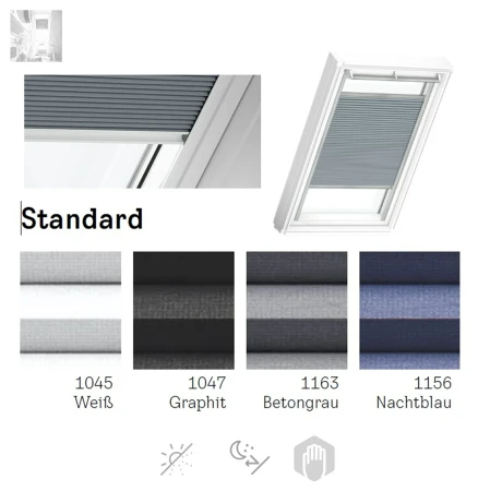 Velux Wabenplissees FHC Optimale Verdunkelung,  Standard Farbe 1045 1047 1163 1156 Sichtschutz - Lichtregulierung, Isolierfahigkeit, Dekorativen Stoff, Innenrollos, Fuhrungsschienen in Aluminium _1_ e-roofline.de.webp