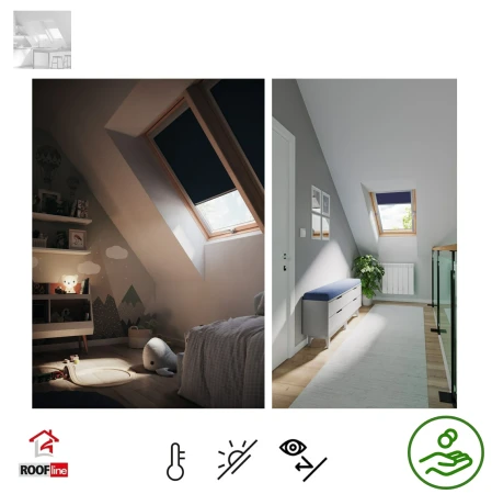 Verdunkelungsrollo DUA Dakea, RoofLITE+ Innen dekorativen Stoff DUA-Rollos sind mit allen Dakea, RoofLITE+, FAKRO, OPTILIGHT- und Keylite -Modelle kompatibel, Schienen Alu natur _ 2a_ e-roofline.de.webp