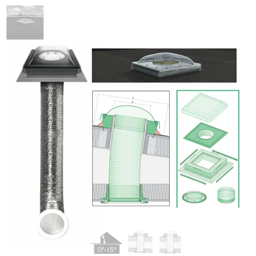 Zum Produkt FAKRO SFF 350 Tageslicht-Spot mit flexiblem Rohr 210 cm für Flache Dächer 0-15 Grad, Kuppel aus Polycarbonat 3 mm dick, Integriert Eindeckrahmen RAL 7022 *