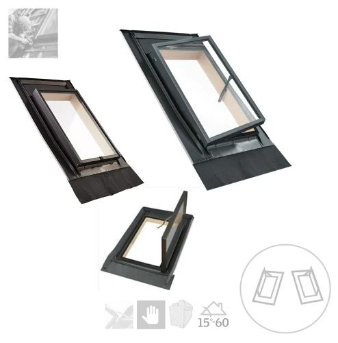 Zum Produkt ROTO Designo R2 Wohndachausstieg Lucarno R20_045/060 EDZ SB L/R aus Kiefernholz, Öffnung nacht Recht oder Links, für ungedämmte Dachräume, Anwendungsbereich:15-65°, Integriert Universal-Eindeckrahmen *