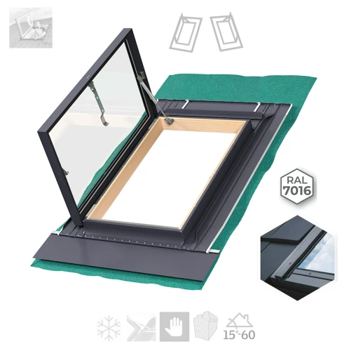 Zum Produkt FAKRO Wohndachausstieg WGU-X 46x75 cm RAL 7016 Anthrazit, Dachausstieg für geneigte DächÖffnung nacht Recht oder Links, für ungedämmte Dachräume, mit Doppel Verglasung (ESG), 15-60°, Integriert Universal-Eindeckrahmen ..