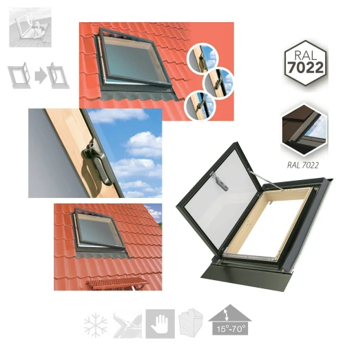 Zum Produkt FAKRO Wohndachausstieg WLI 54x83 cm RAL 7022 Graubraun, Dachausstieg für geneigte DächÖffnung nacht Recht oder Links, für ungedämmte Dachräume, mit Doppel Verglasung (ESG), 15-70°, Integriert Universal-Eindeckrahmen ..