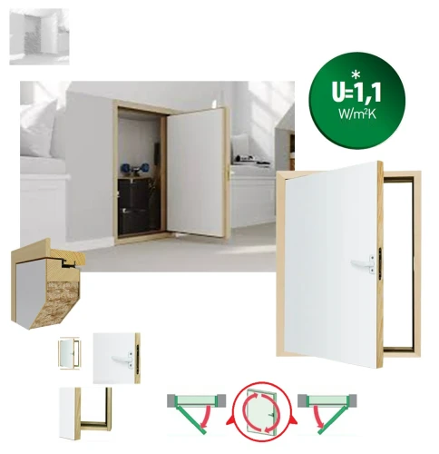 Zum Produkt FAKRO Kniestocktür DWK 70x90 Weißer HDF-Platte, U = 1,1 W/m²K, Weißer Griff, Umfangsdichtung, Rechts- oder linksöffnend, Komplett montiert, 3,5 cm breite Abschlussleisten in Naturoptik *