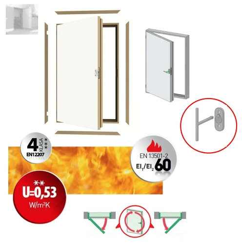 Zum Produkt FAKRO DWF Feuerhemmende Kniestocktür 60x80 Super-energieeinsparende, Weißer HDF-Platte, U = 0,64 W/m²K, Weißer Griff, Umfangsdichtung, Rechts- oder linksöffnend, Tür mit einer Dicke von 6,6 cm, 3,5 cm breite Abschlussleisten in Naturoptik..